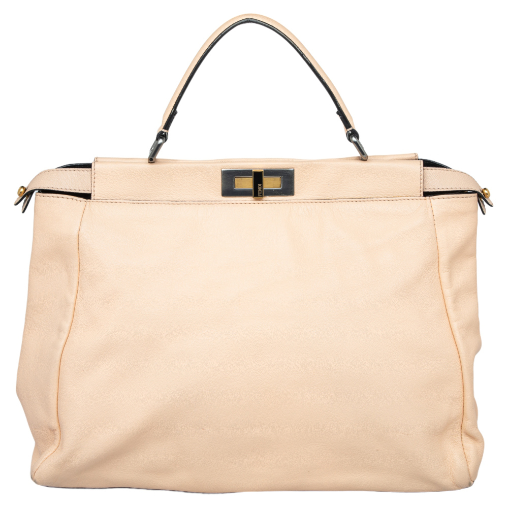 FENDI Beige/Black Leather Beads Lining Large Peekaboo Top Handle Bag